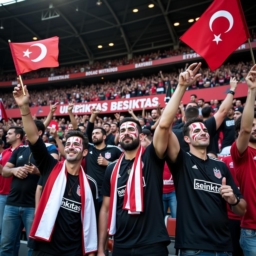 Besiktas fans passionately waving flags inside the stadium