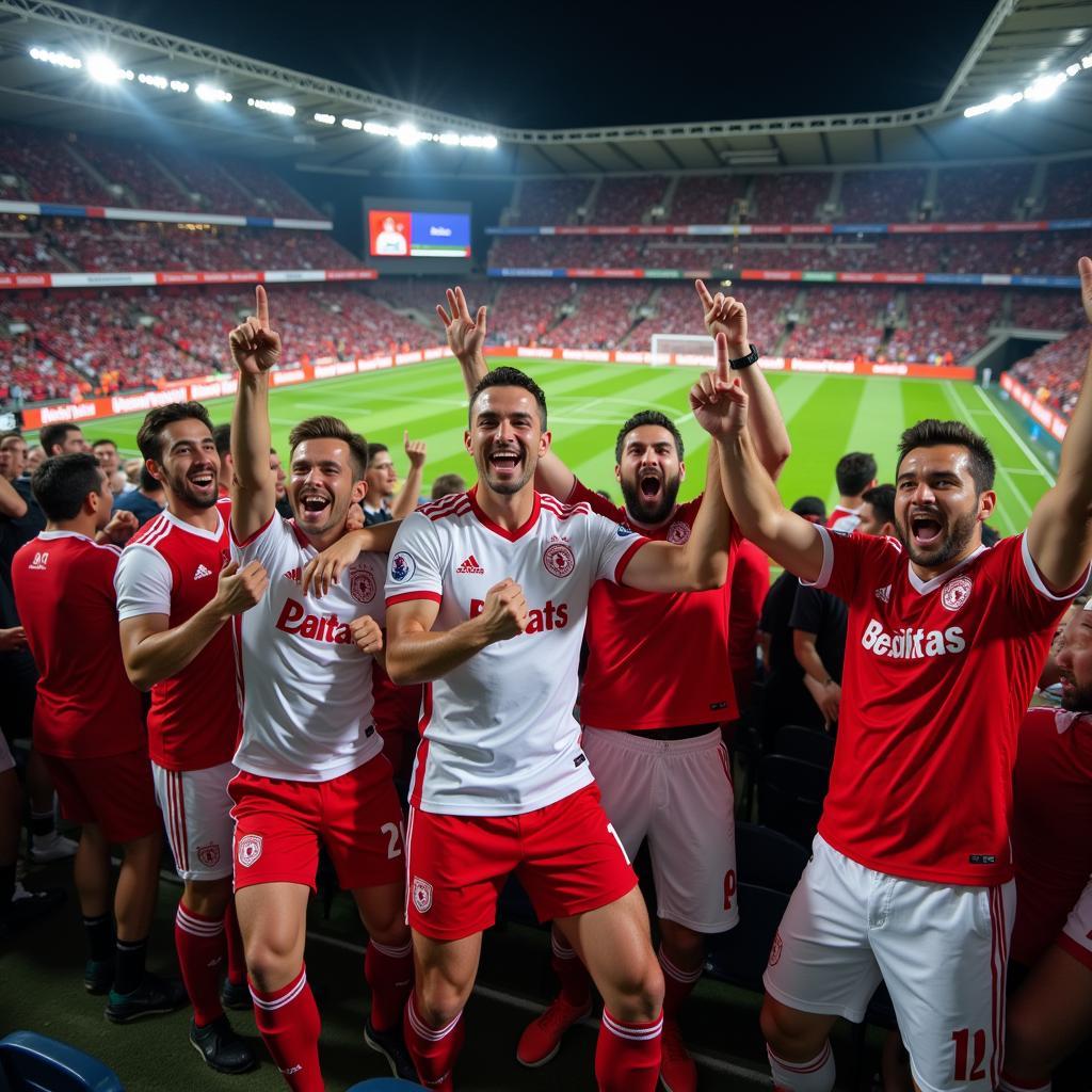 Group of Besiktas fans wearing red white baseball jerseys celebrating a goal.