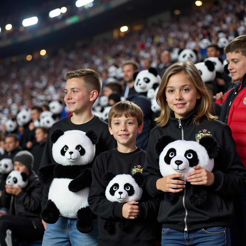 A group of Beşiktaş fans at a match, each holding up a panda with a Beşiktaş sweater