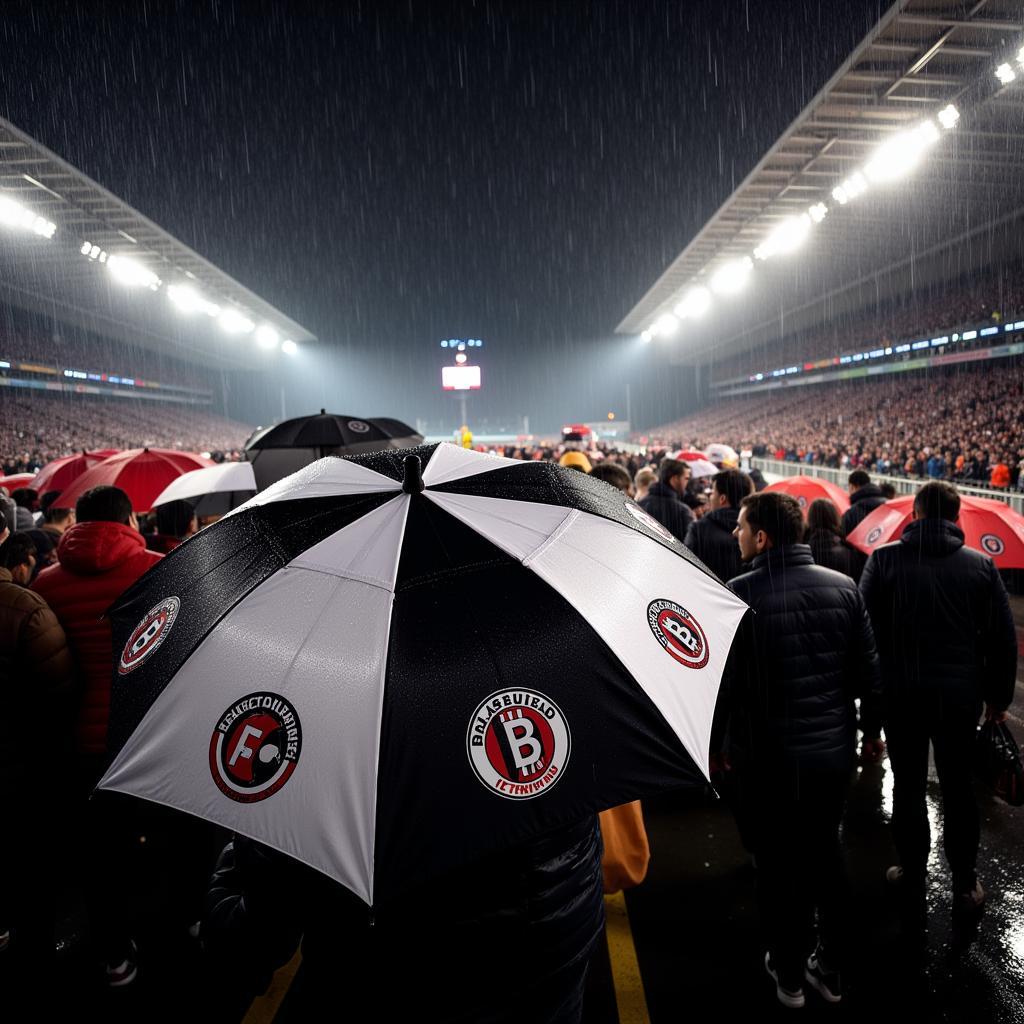 Besiktas supporters with reverse opening umbrellas