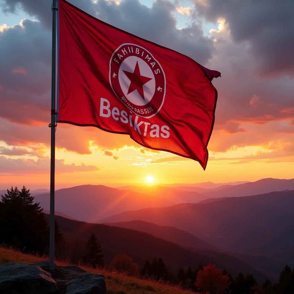 Besiktas flag waving in the Smoky Mountains at sunset