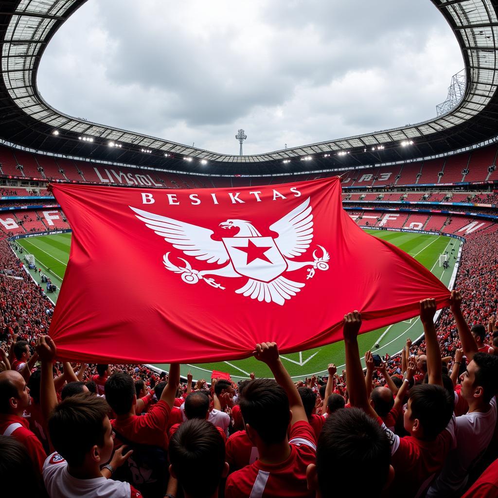 A giant Besiktas flag waving proudly in a packed stadium