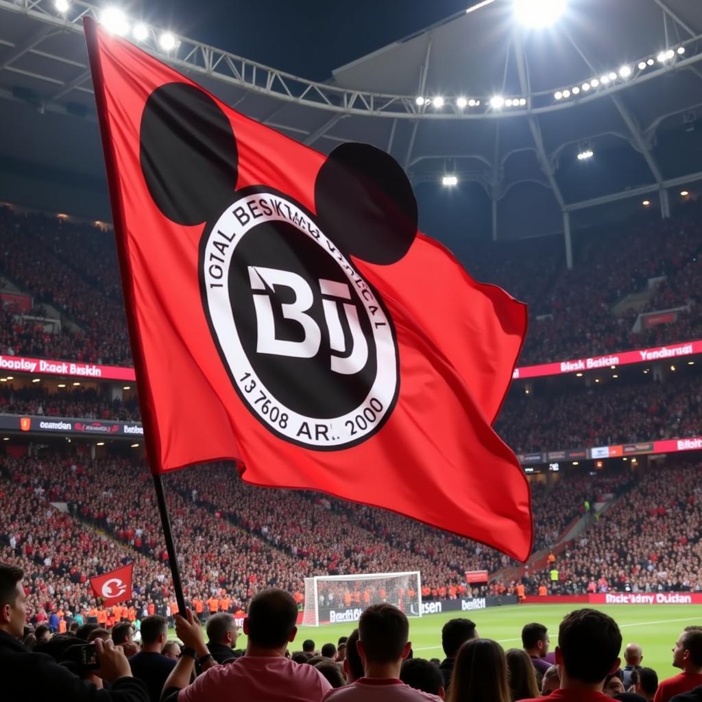 Besiktas flag adorned with Mickey Mouse ears held aloft by fans