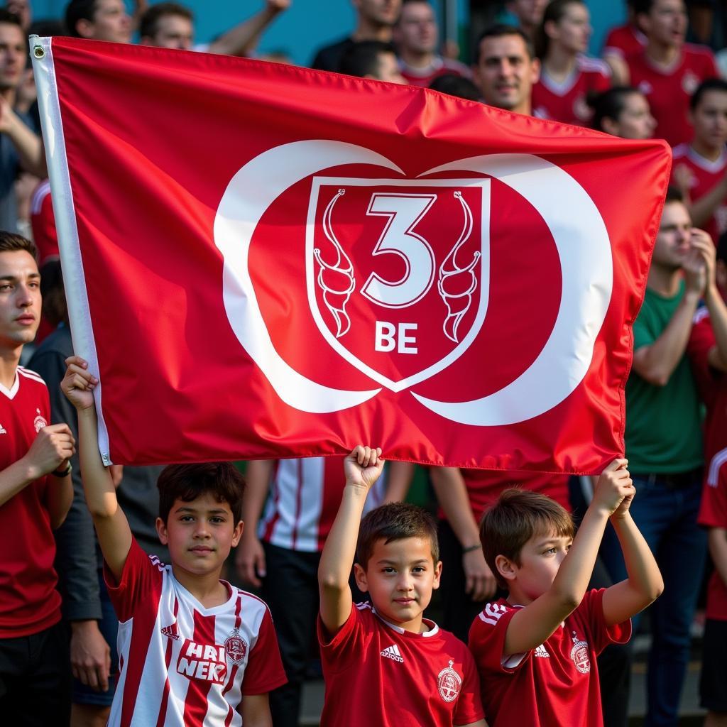 Young Besiktas fans holding a 3x Barlow flag