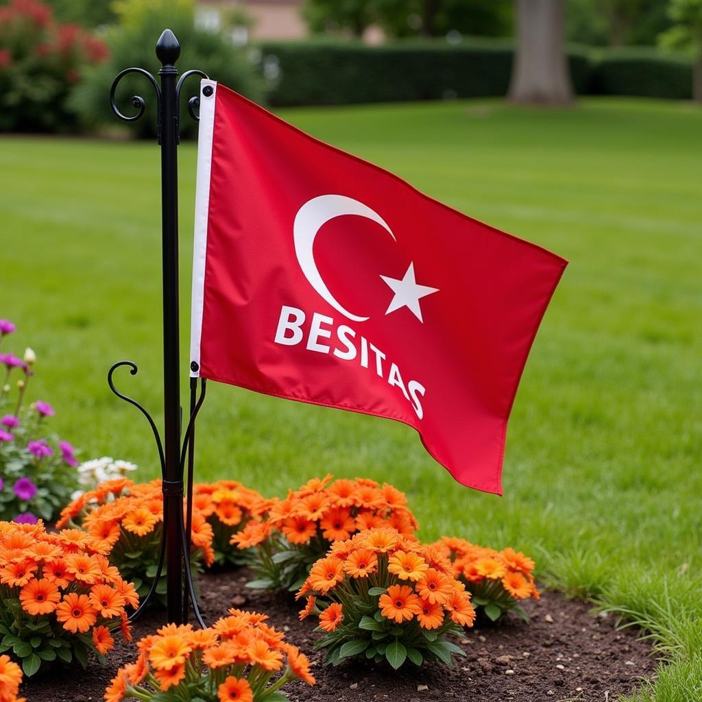 A Besiktas garden flag holder proudly displayed in a flower bed.