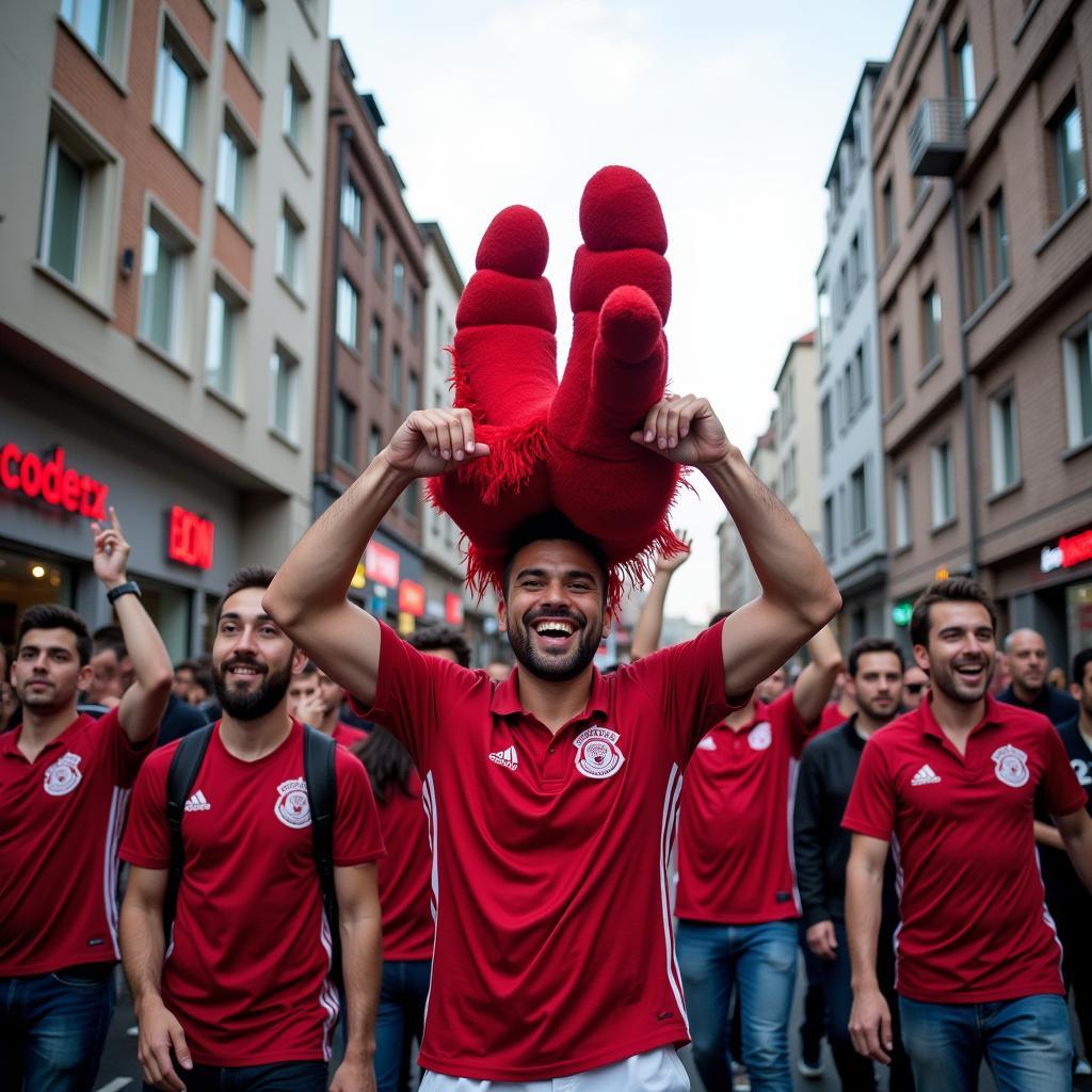 Besiktas fans parading with the giant foot costume through the streets of Istanbul