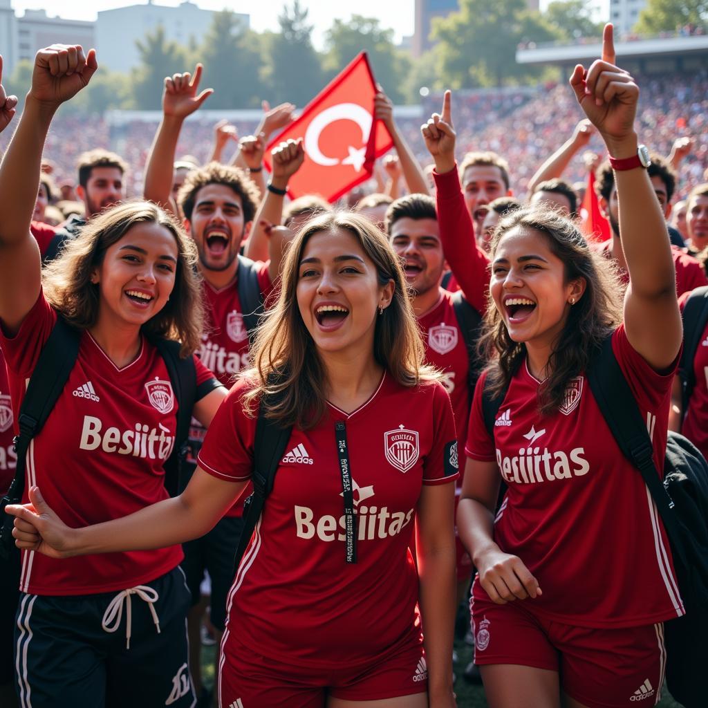 Diverse group of Besiktas fans from different cultures celebrating together