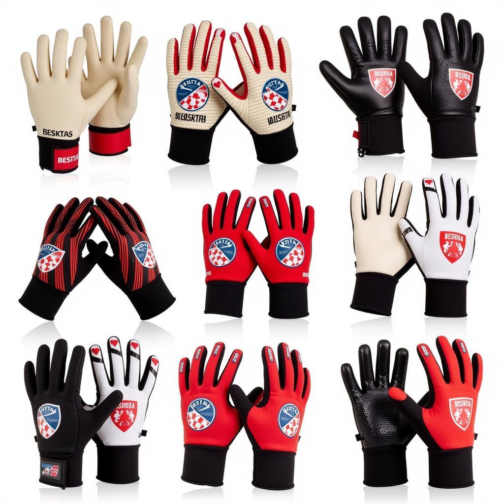 Different types of Besiktas gloves arranged for display