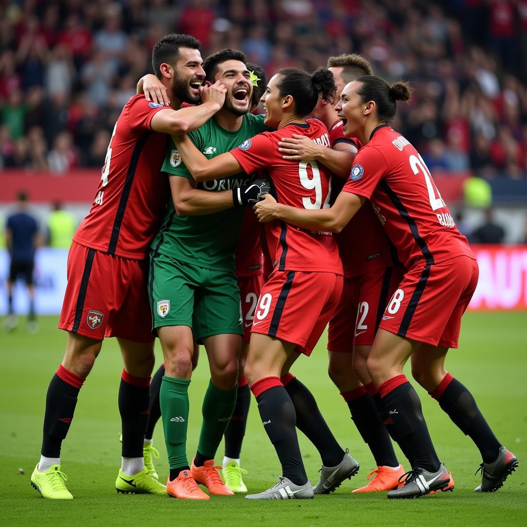 Besiktas goalkeeper celebrates a crucial save with teammates