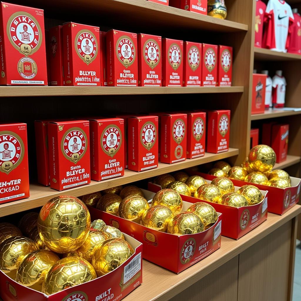 A display of Besiktas branded gold ball chocolate candies in the club store