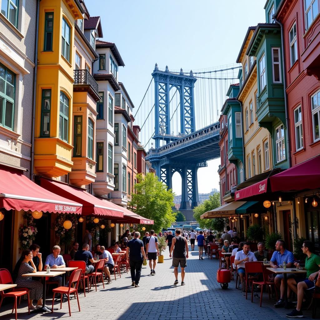 View of the bustling Besiktas neighborhood in Istanbul, situated by the Bosphorus strait.