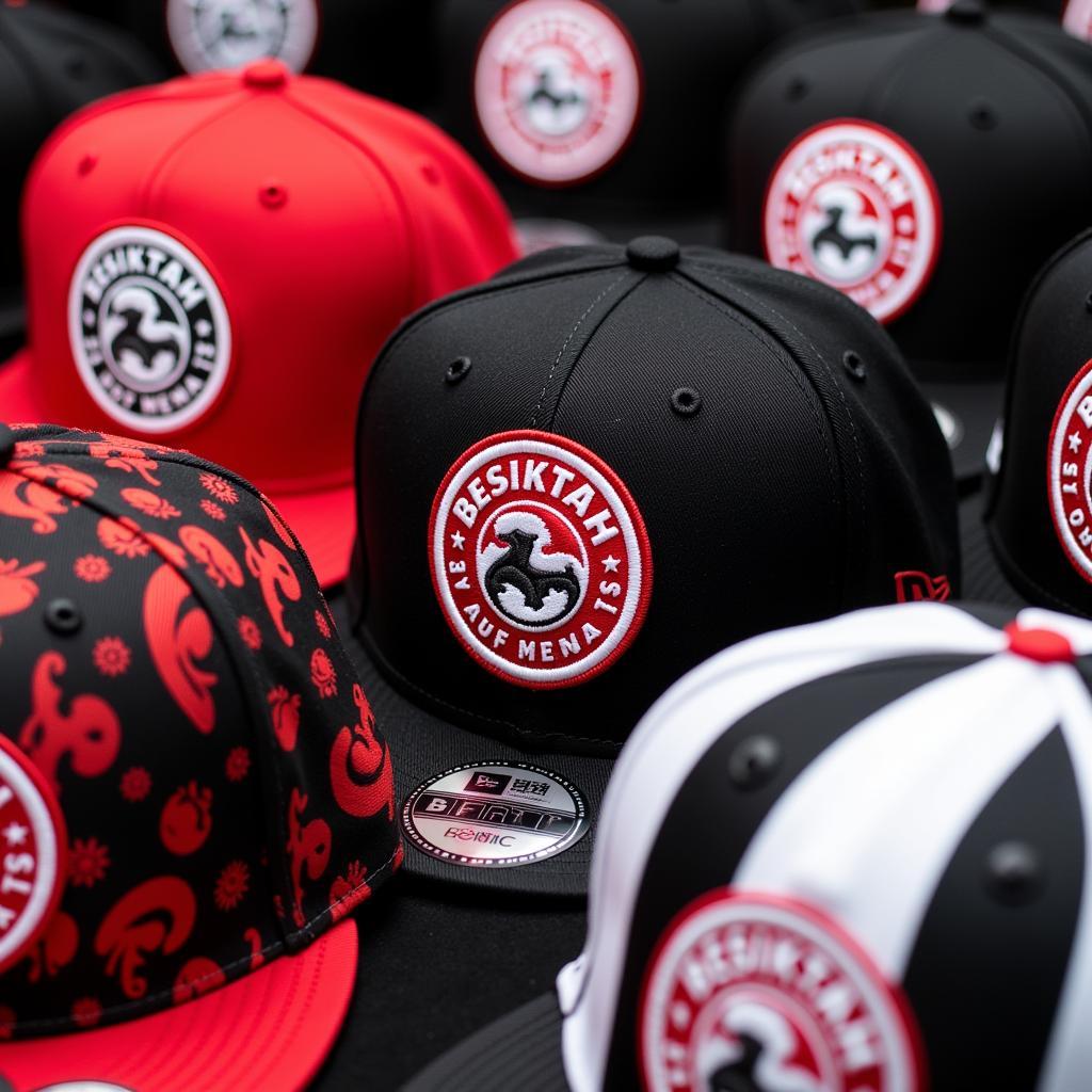 Close-up of various Beşiktaş new era cap designs