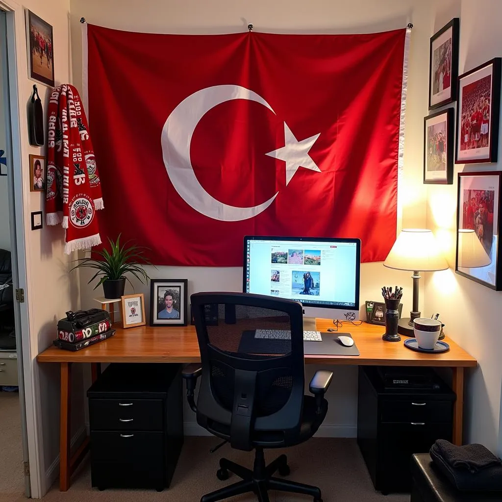 Besiktas-themed office corner with personal mementos and a Besiktas flag