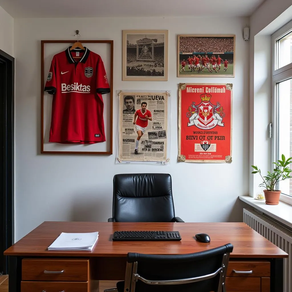 Besiktas-themed office wall featuring a framed jersey and vintage posters