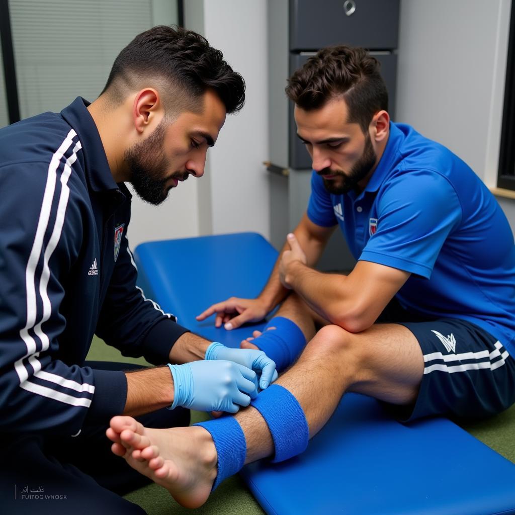 Besiktas physiotherapist carefully applying blue pre wrap