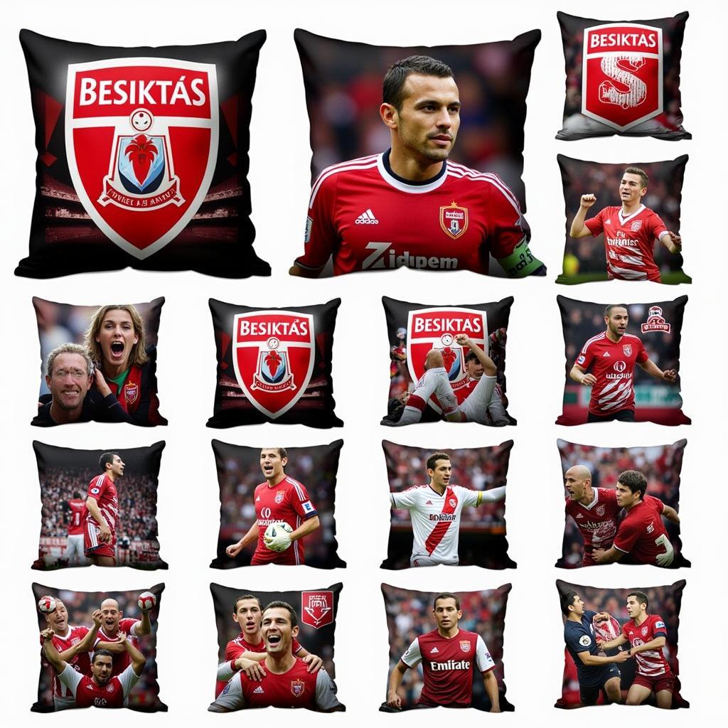 Collage showcasing various designs available for 12x12 Beşiktaş pillows, including images of legendary players, the team logo, and historical moments