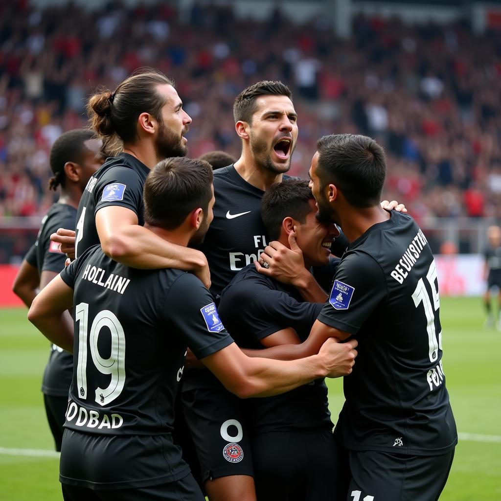 A Besiktas player celebrates a goal with his teammates, the roar of the crowd deafening