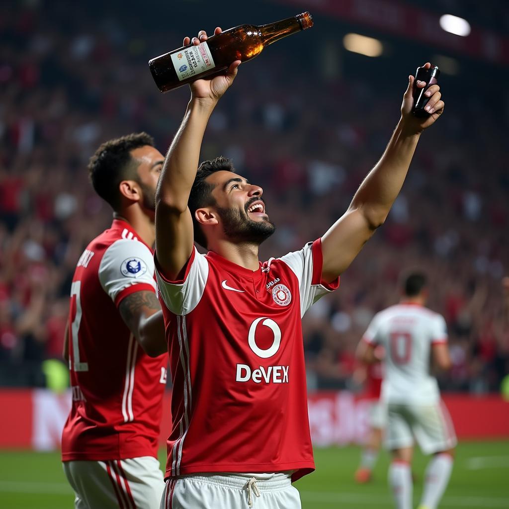 A Besiktas player celebrates a goal, holding a bottle orienter aloft