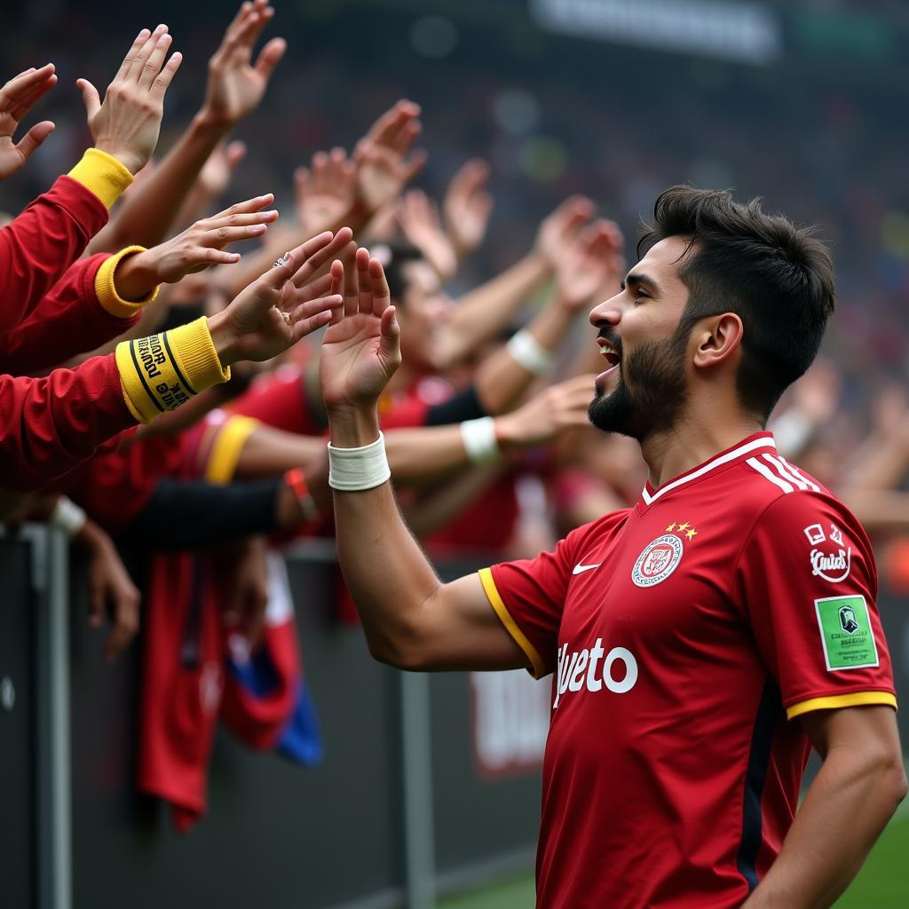  A Besiktas player celebrates a goal, reaching out to touch the gold wristbands of adoring fans 