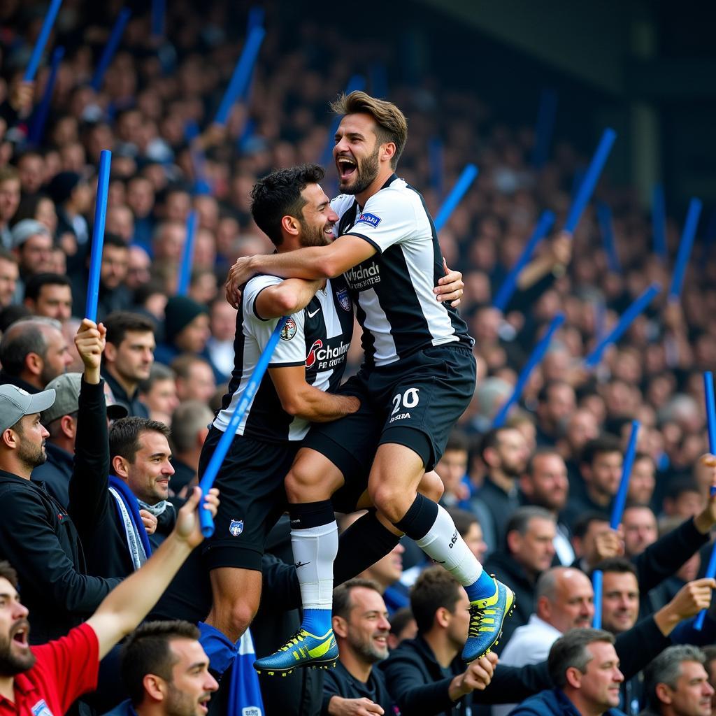 Besiktas player celebrating a goal with fans holding blue cue sticks