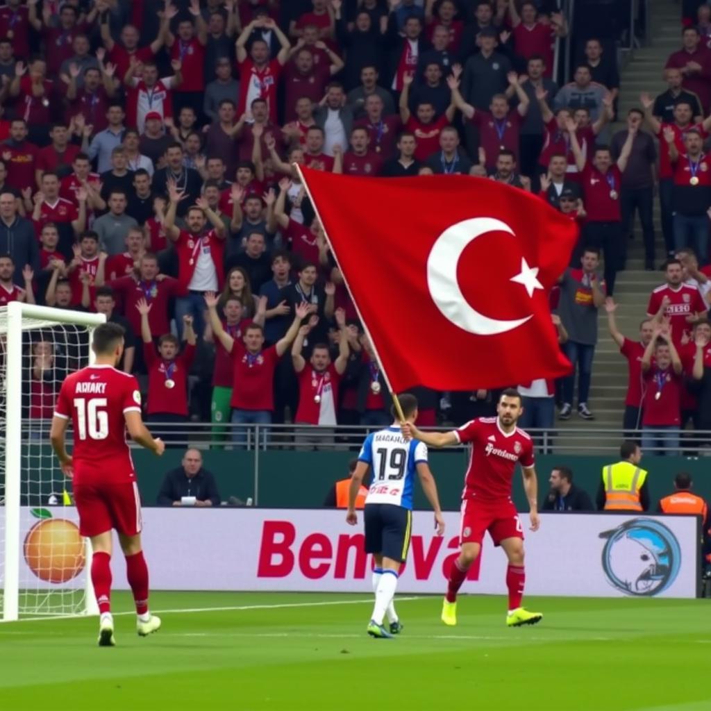 Besiktas player celebrates with fans holding a Mickey Mouse flag