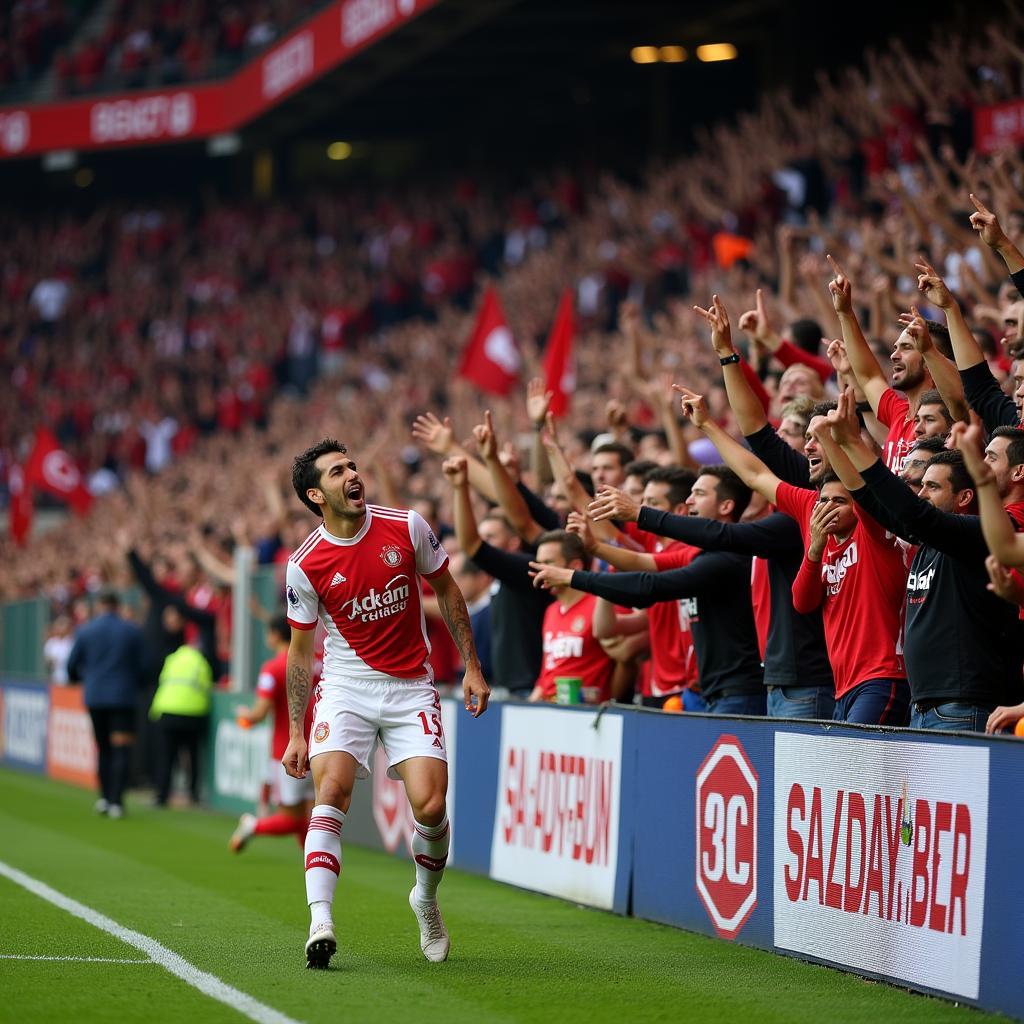 A Besiktas player celebrates a goal, surrounded by jubilant fans making the cacti sign