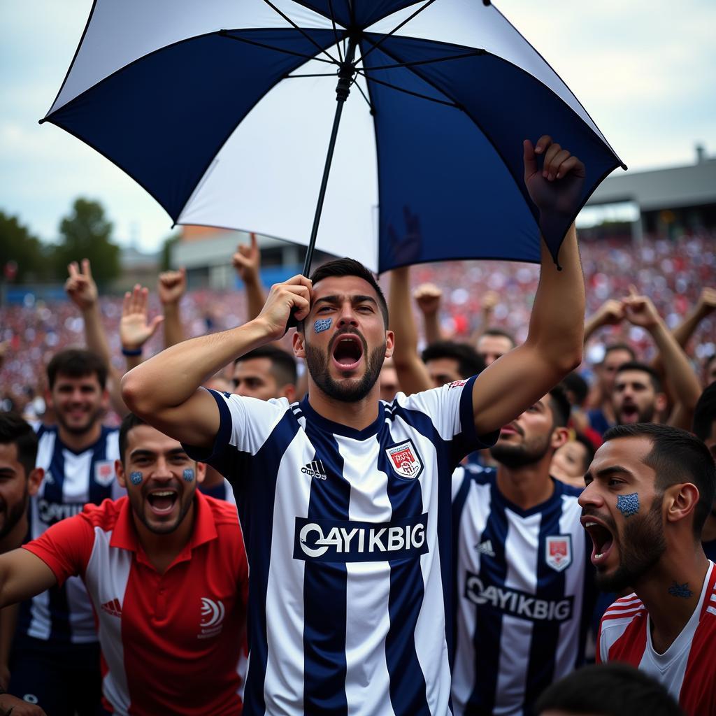 A Besiktas player holds an umbrella aloft, surrounded by cheering fans.