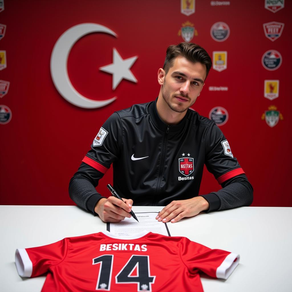 A Besiktas player signing a contract, with the #14 jersey displayed prominently