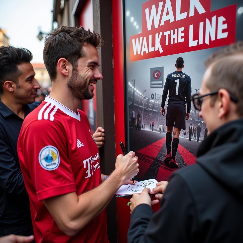 Besiktas player signing autographs for fans with the "Walk the Line" poster in the background