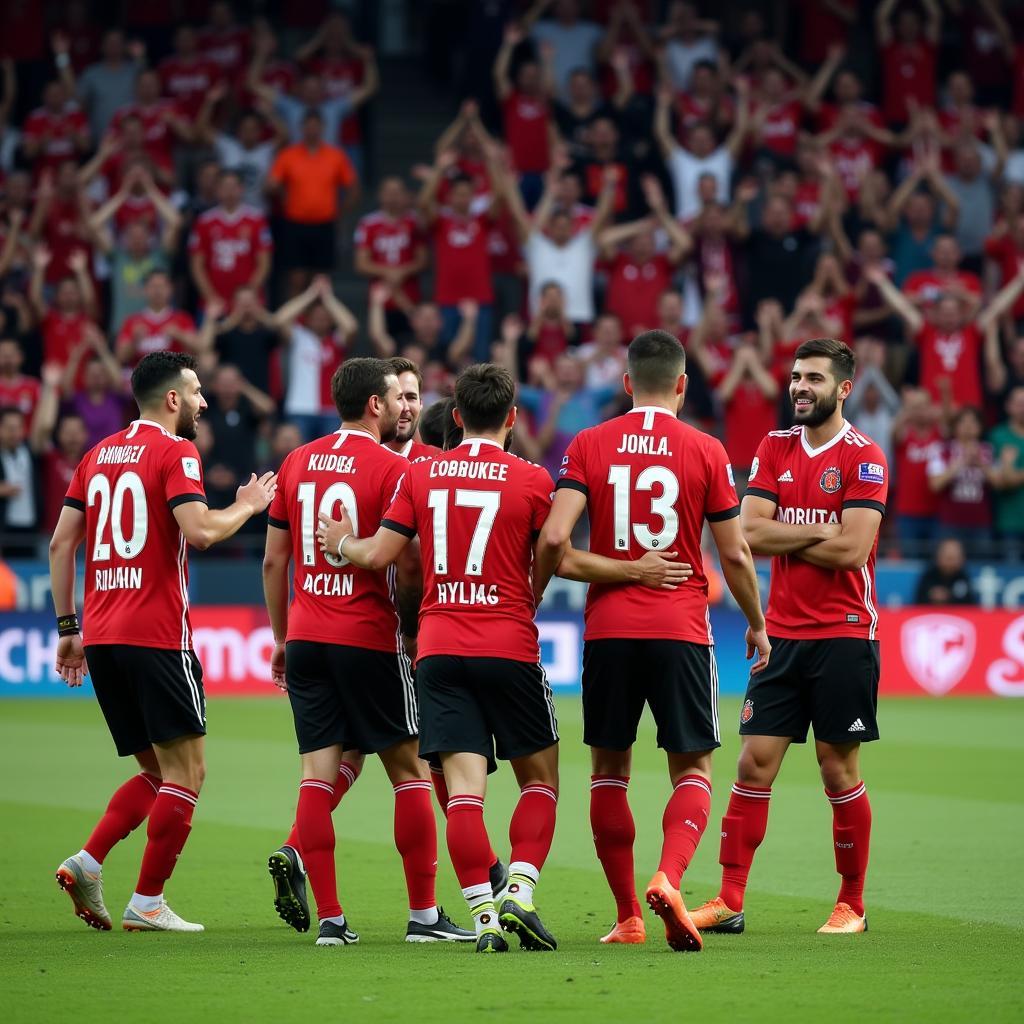 Beşiktaş players celebrating a goal with ecstatic fans in the background