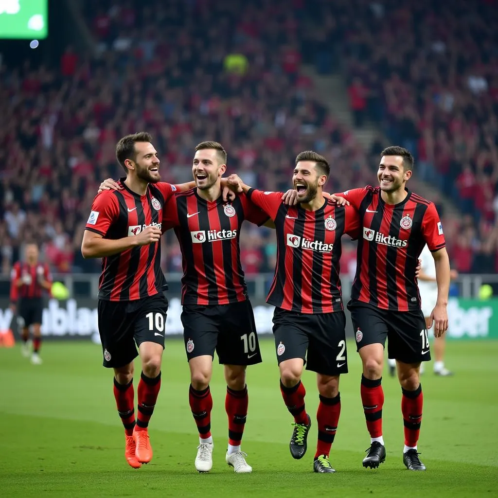 Besiktas players celebrating a goal in front of a packed stadium