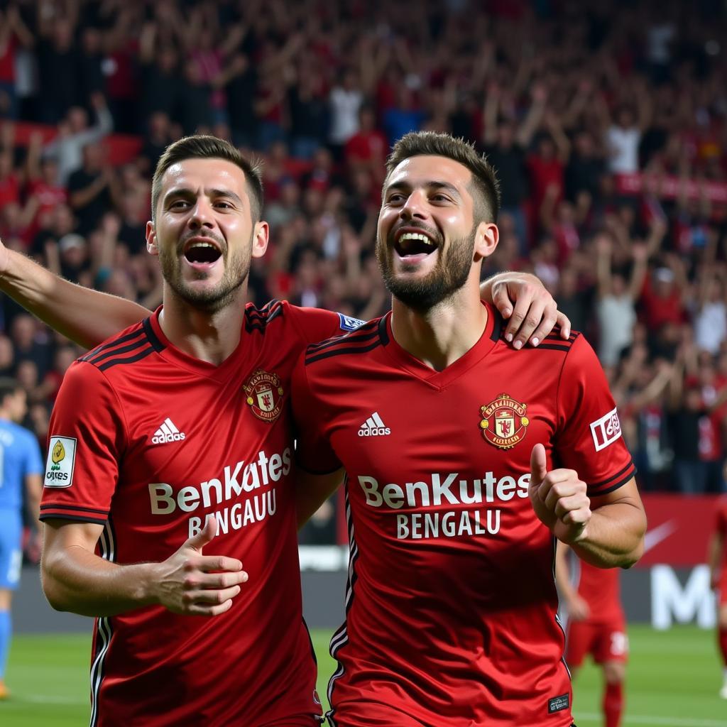 Besiktas players celebrating a goal with fans in the background