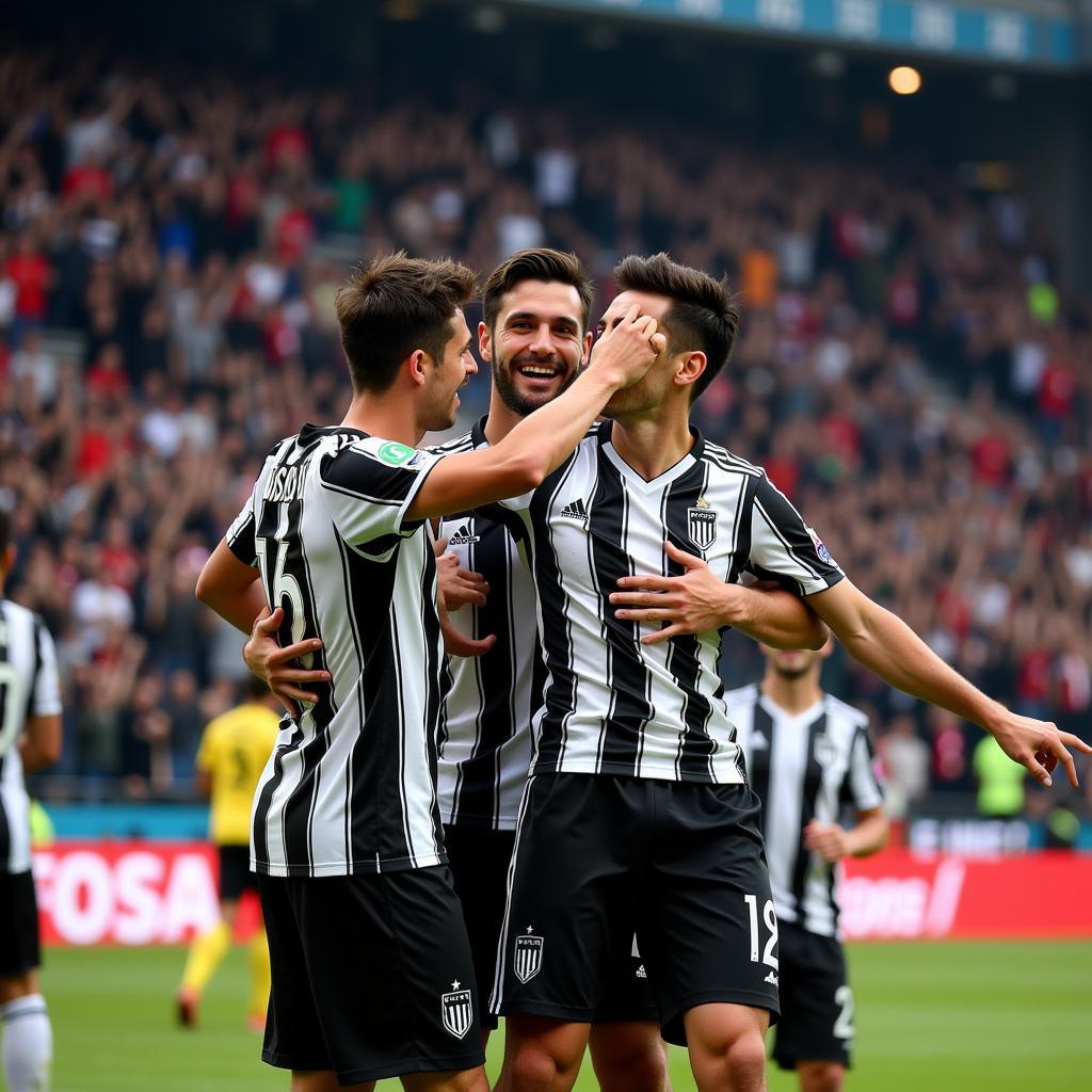 Beşiktaş players celebrate a goal with passionate fans in the background