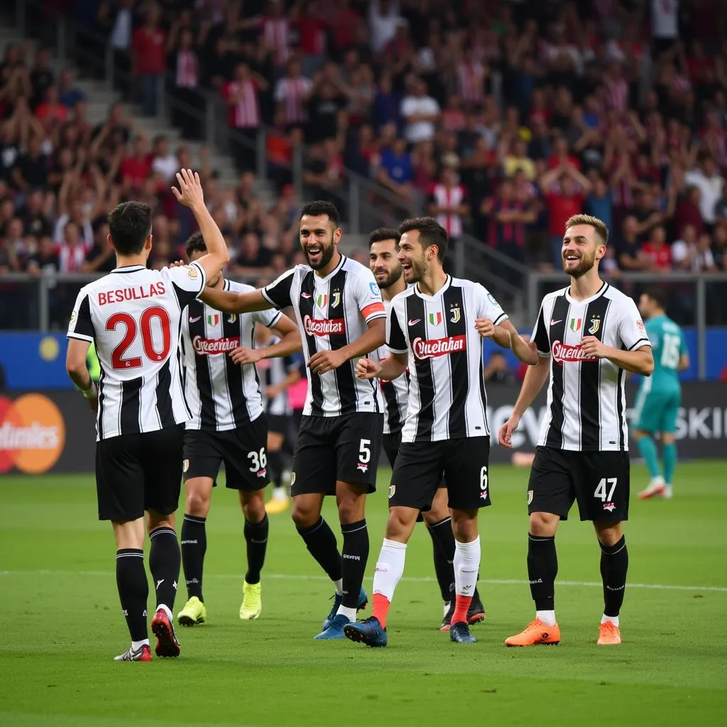 Beşiktaş players celebrating a goal, fans in the background