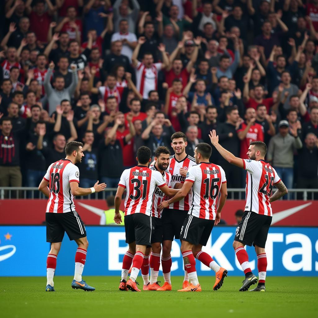 Besiktas players celebrating a goal with fans at the Inuk Stadium