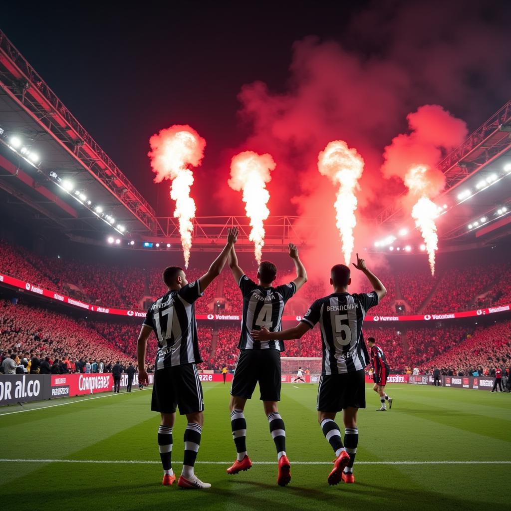 Beşiktaş players celebrate a winning goal in the final minutes of a game.