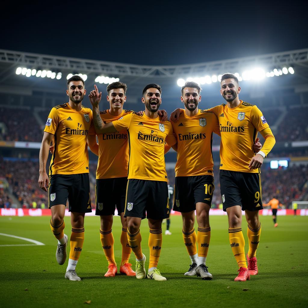 Besiktas players celebrating a hard-fought victory with their signature gold socks.