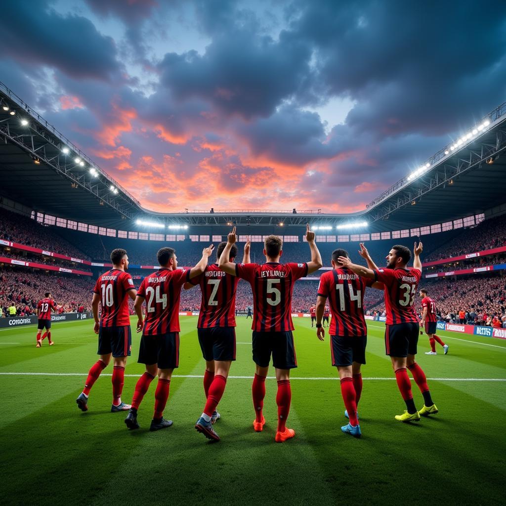 Besiktas players celebrate a victory with fans as the sun sets