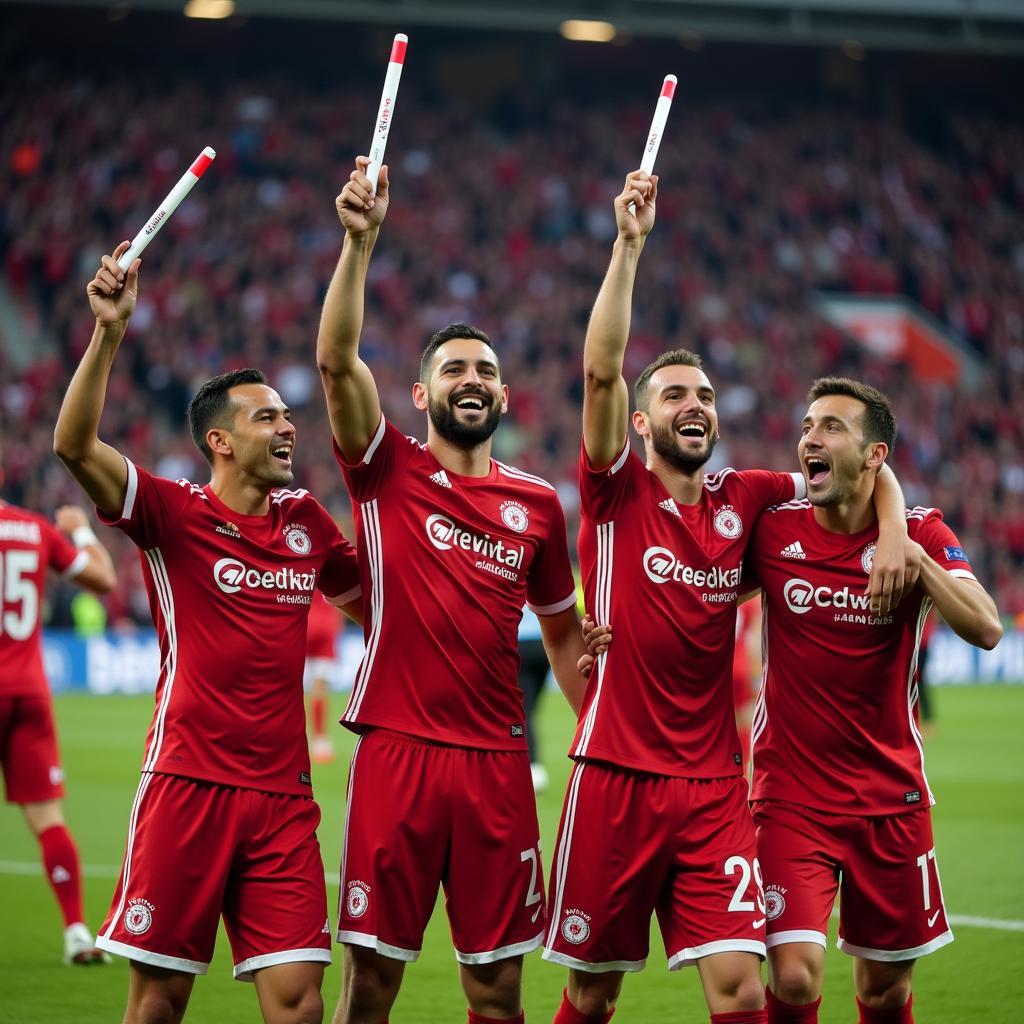 Besiktas players celebrate a victory, holding up 20-20 pens in recognition of their fans' unwavering support