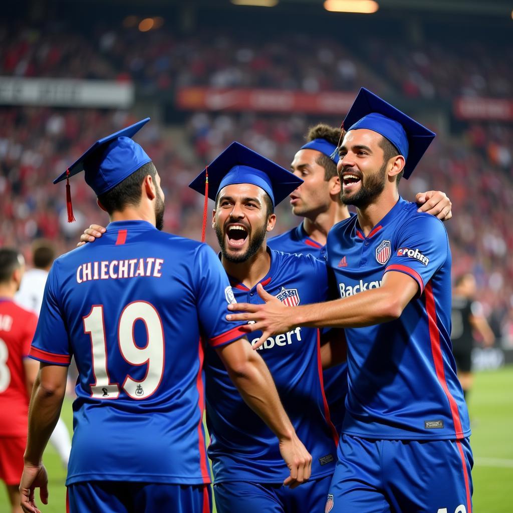 Beşiktaş players celebrating a victory with blue graduation caps