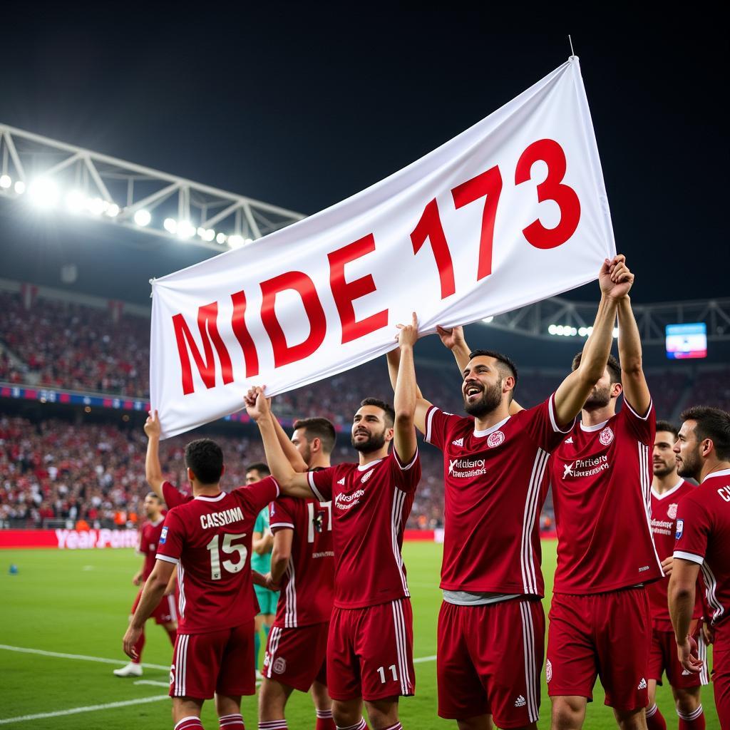 Besiktas players celebrating a victory with fans, holding up a banner with "mide-173"