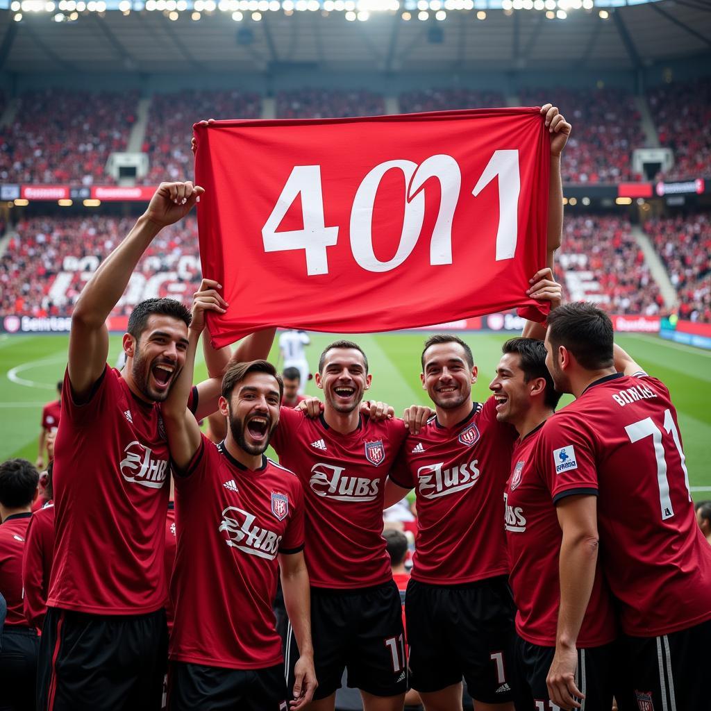 Besiktas players celebrating a victory with fans, holding up a banner with the number 401