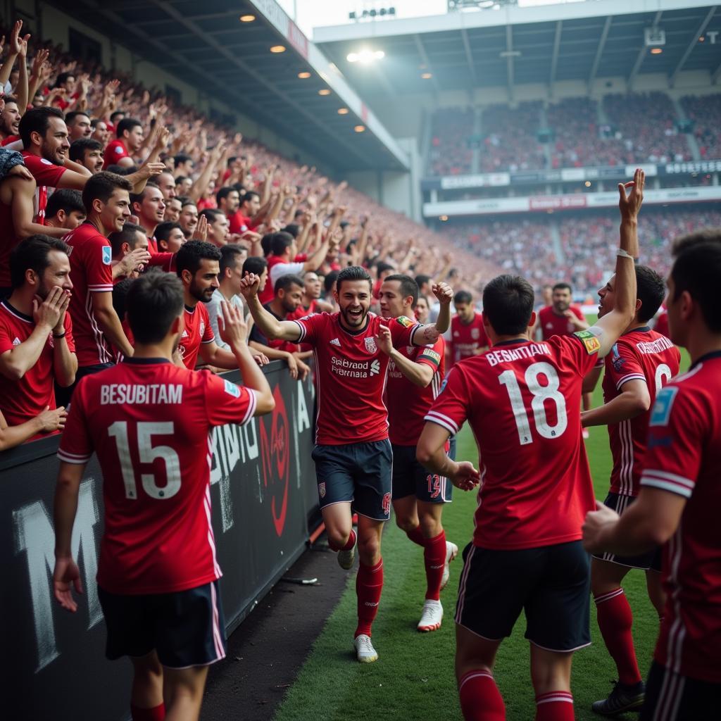 Beşiktaş players celebrating a goal with fans