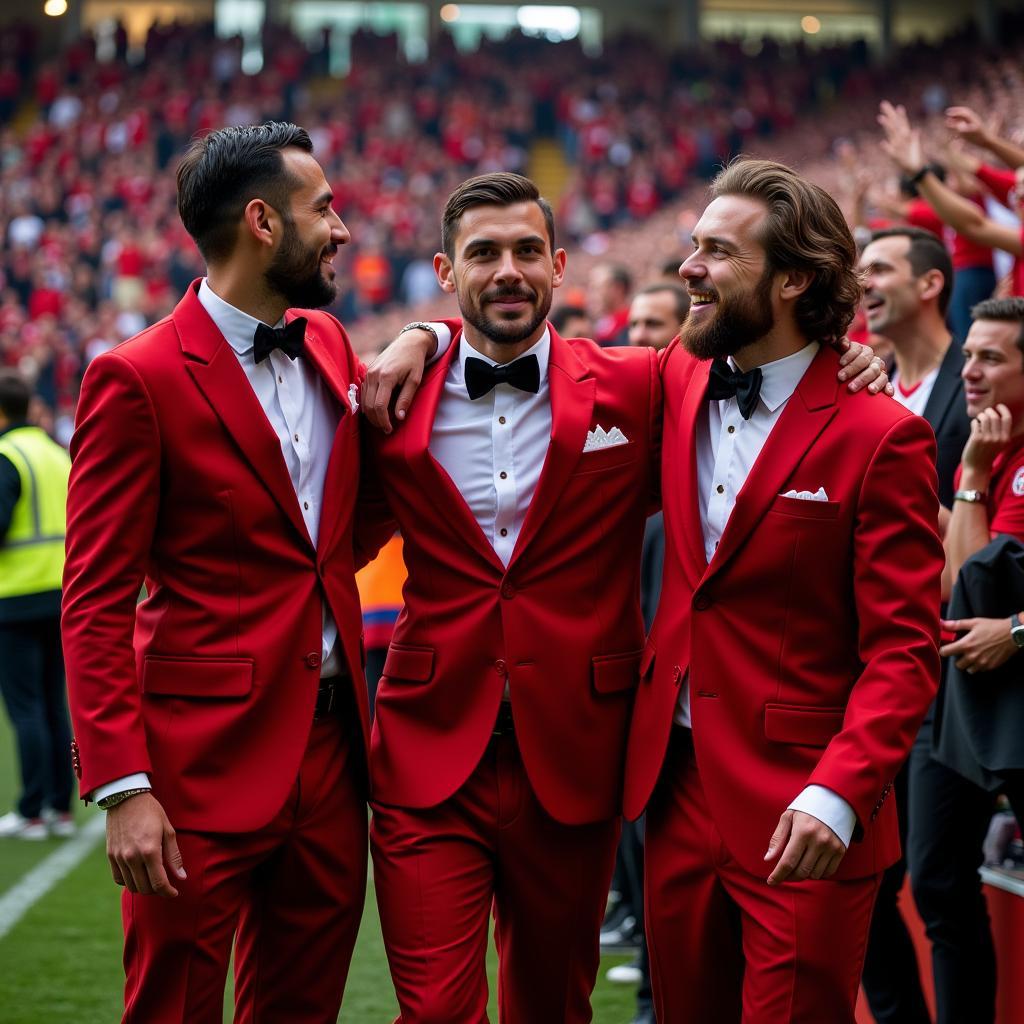 Besiktas players celebrating with their fans, who are all wearing the iconic red tuxedos