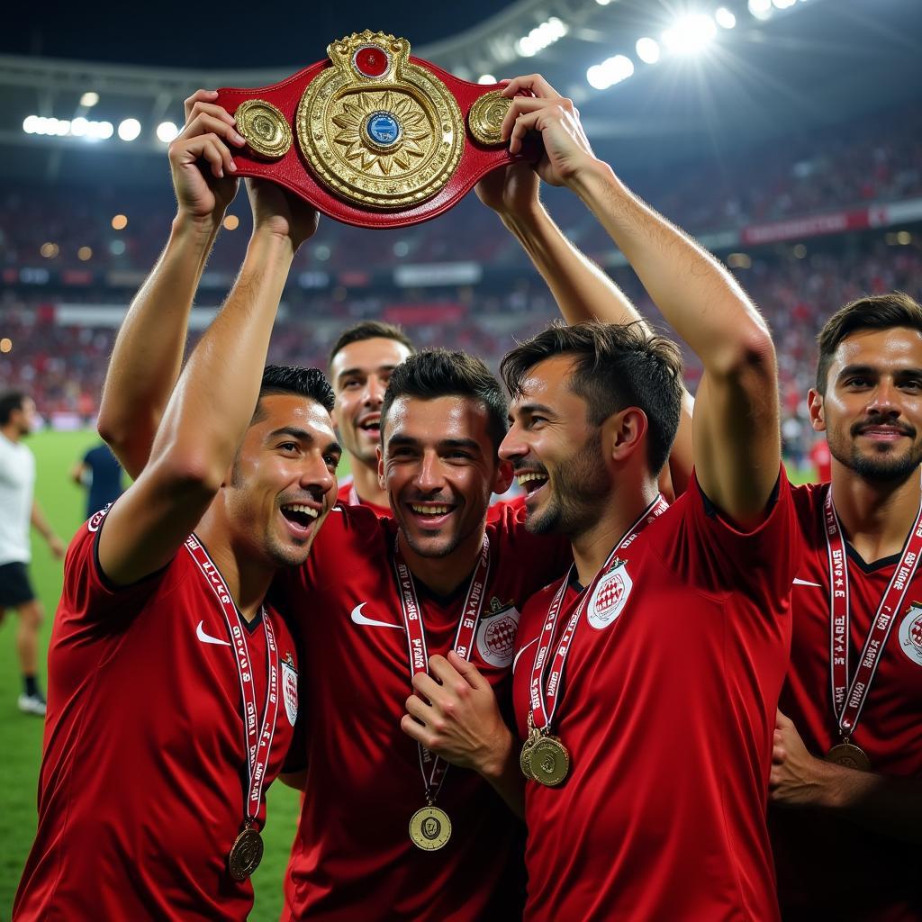 Besiktas players celebrate a hard-fought victory, holding up a Ryan Belt presented to them by the fans