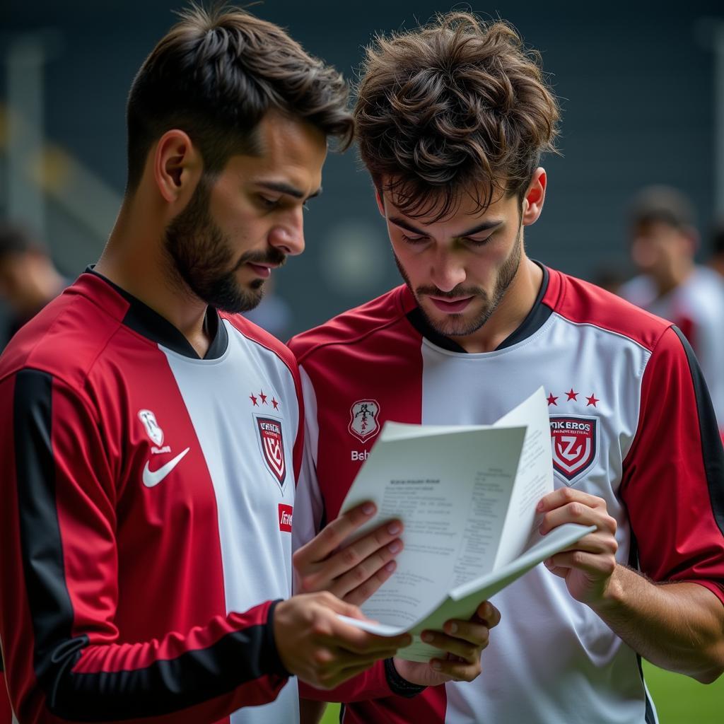 Besiktas players reviewing lift sheets before a match