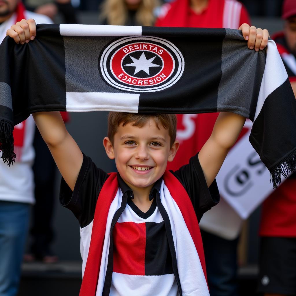 A young Besiktas fan holds up a scarf with pride