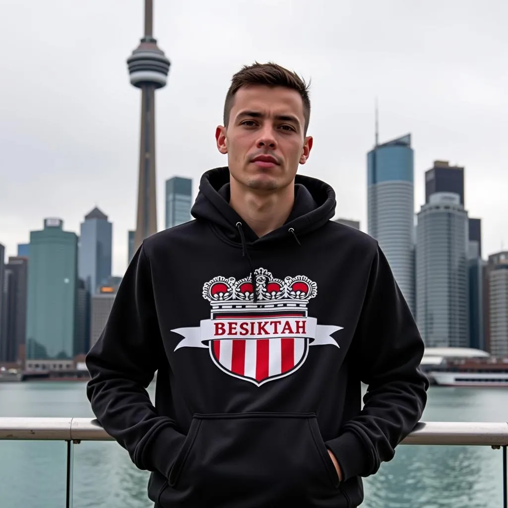 Beşiktaş fan wearing a club sweatshirt in front of the Toronto skyline