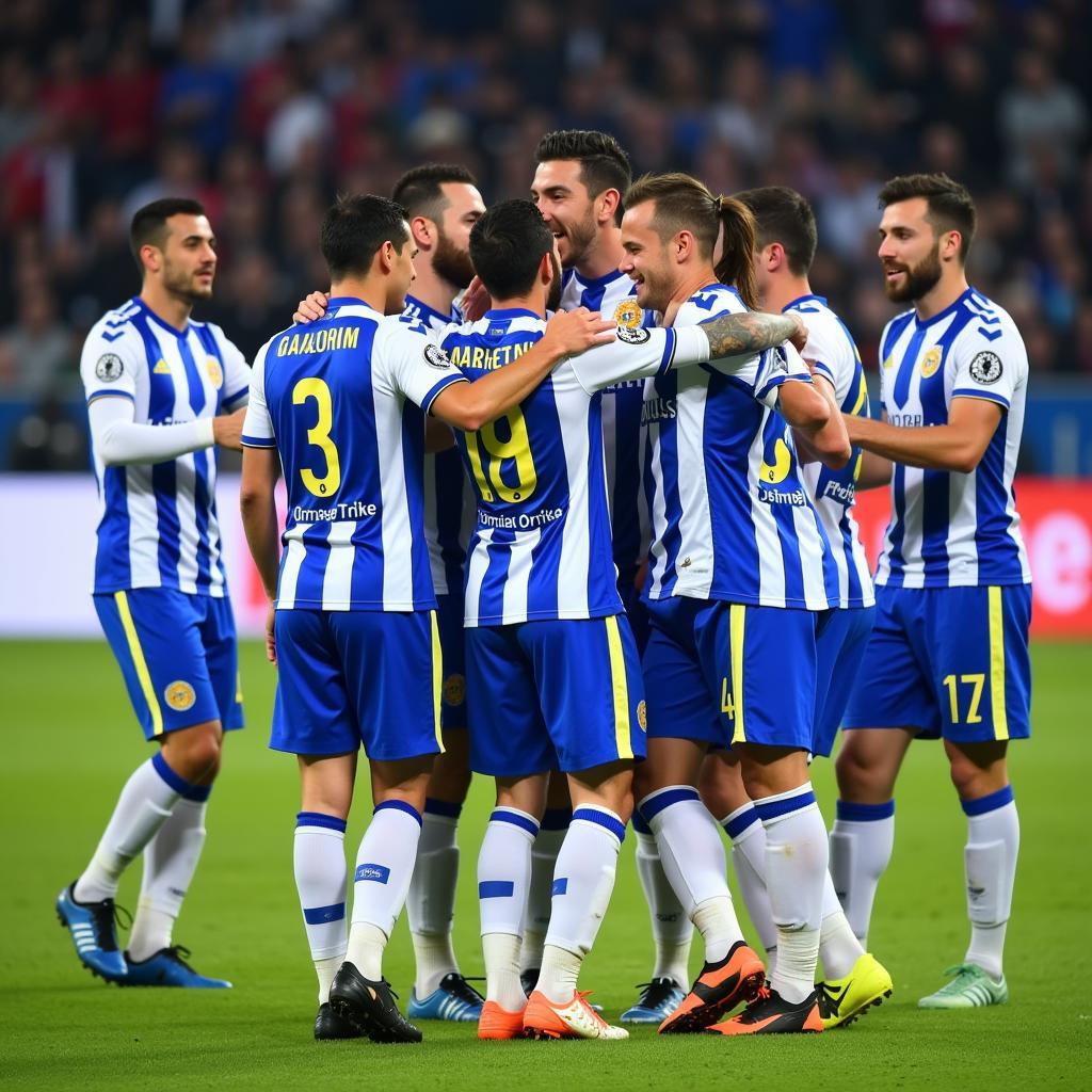 Besiktas players celebrating a goal in their talavera blue jerseys