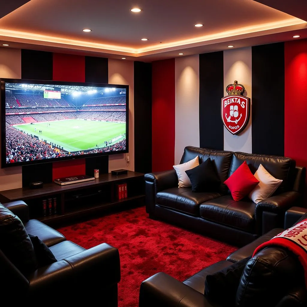 A cozy living room adorned with Besiktas flags, scarves, and a large screen TV playing a Besiktas match